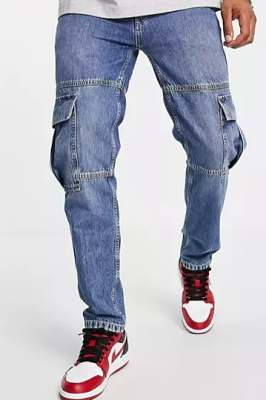 HUGO 634/2 tapered fit cargo jeans in mid blue