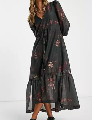 AllSaints Rosia balloon sleeve maxi smock dress in black floral