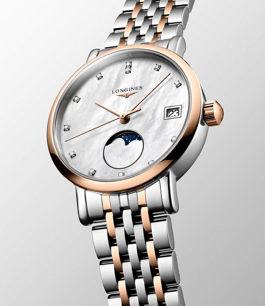 Longines Elegant 30mm MOP Dial Moonphase Diamond Dots Two Tone Steel Bracelet Watch image number 1