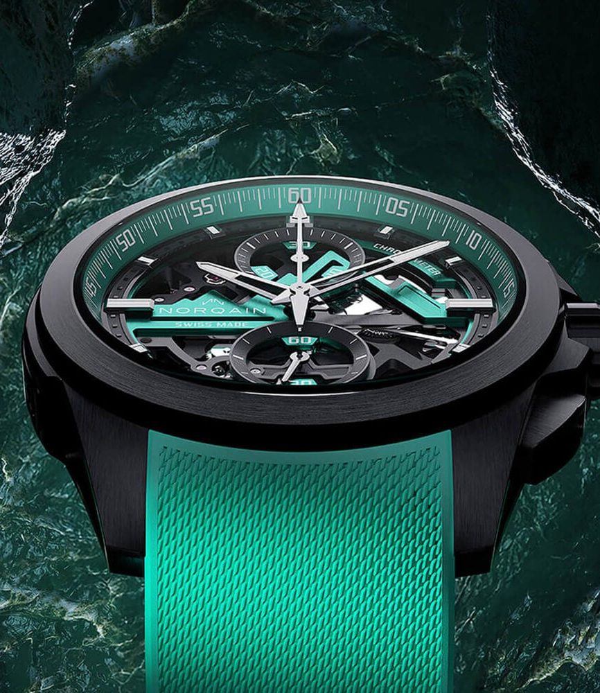 NORQAIN Independence Skeleton Chrono 42mm Dial Titanium Case Green Rubber Strap Watch image number 2