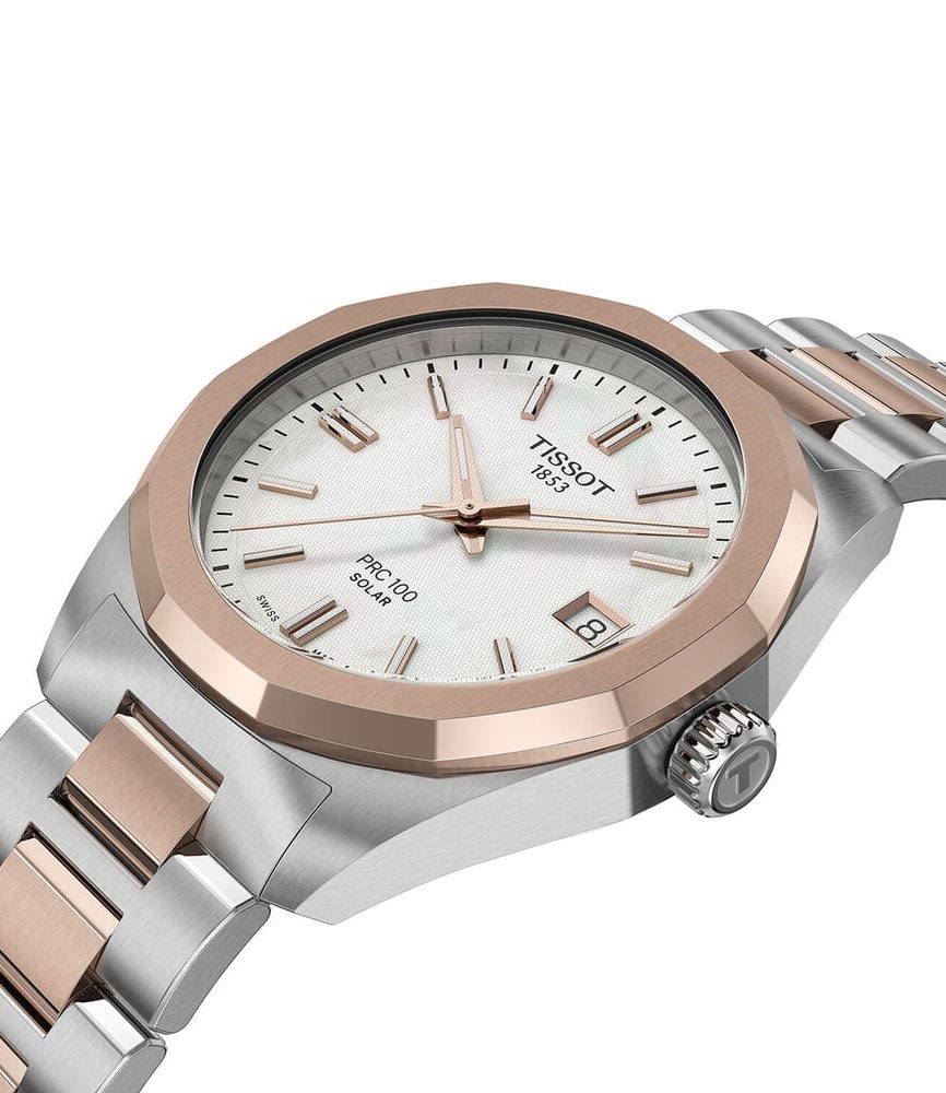 Tissot PRC 100 Solar 34mm Mother of Pearl Dial Rose Gold PVD Steel Bracelet Watch image number 1