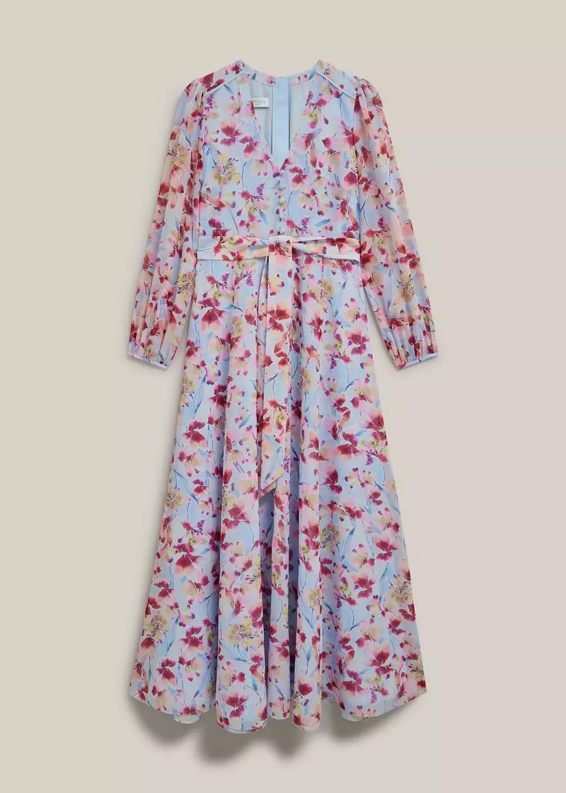 Petite Thea Tie Belted Dress, Pale Blue Multi, hi-res