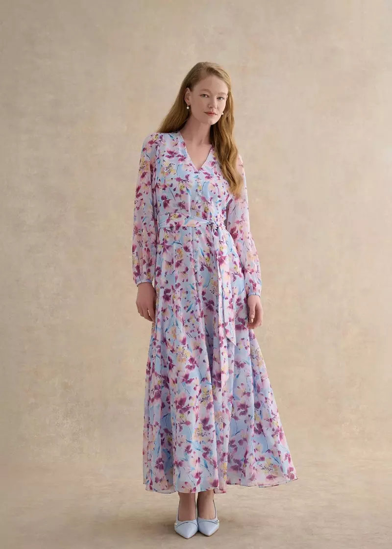 Petite Thea Tie Belted Dress, Pale Blue Multi, hi-res