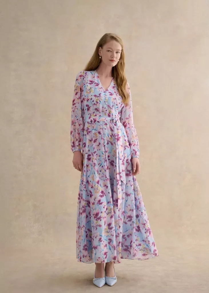 Petite Thea Tie Belted Dress, Pale Blue Multi, hi-res