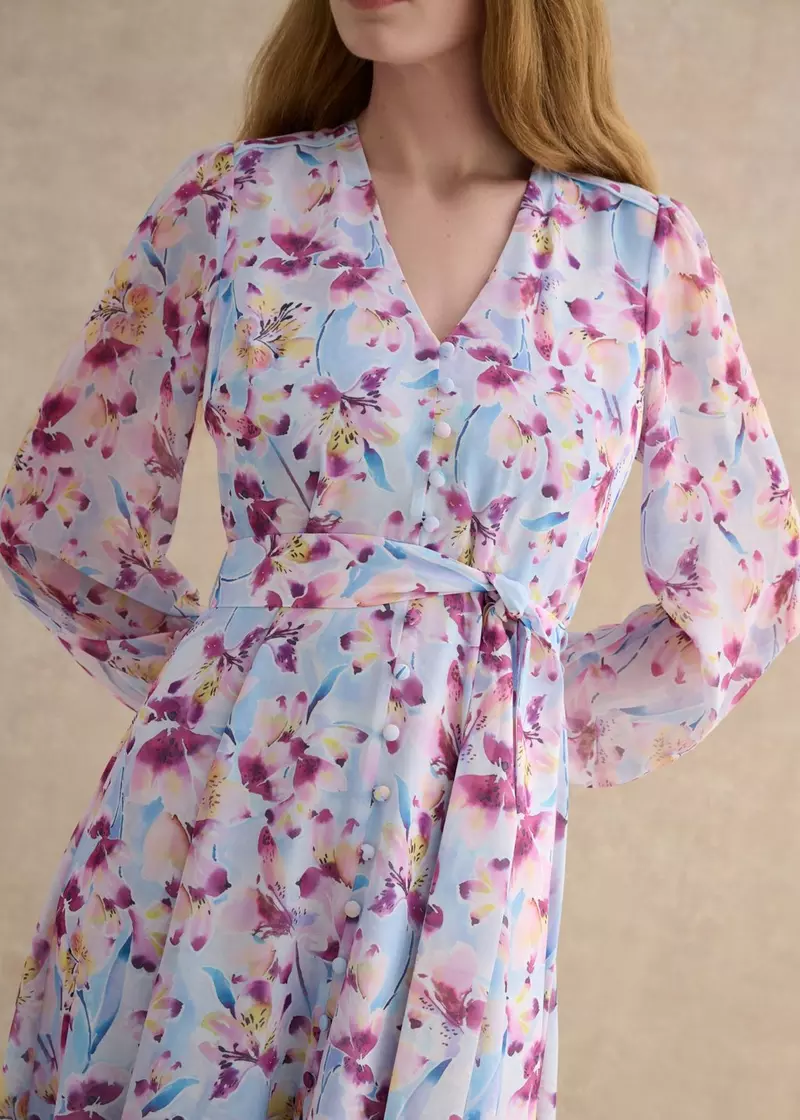 Petite Thea Tie Belted Dress, Pale Blue Multi, hi-res