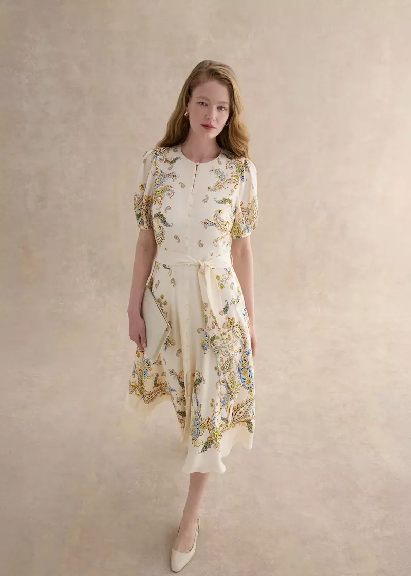 Alma Paisley Silk Dress, Cream Multi, hi-res