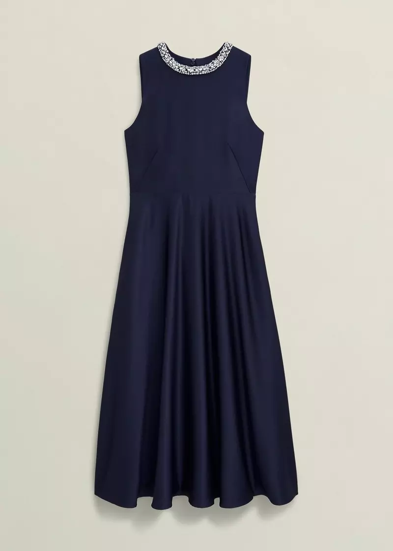 Keira Trimmed Satin Midi Dress, Midnight, hi-res