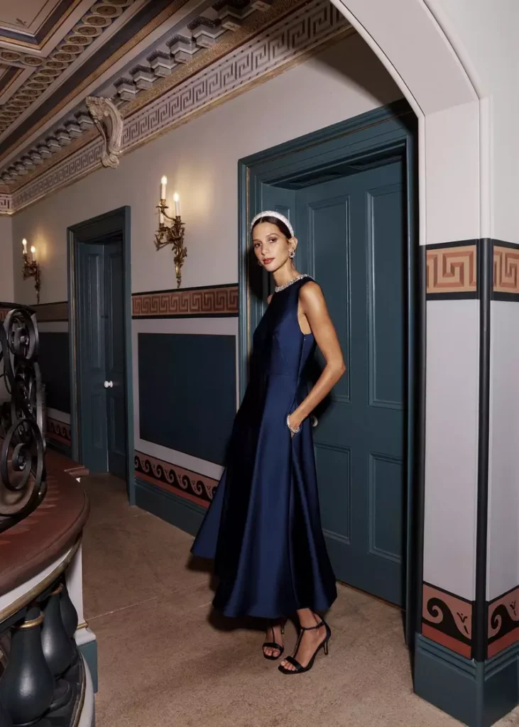 Keira Trimmed Satin Midi Dress, Midnight, hi-res