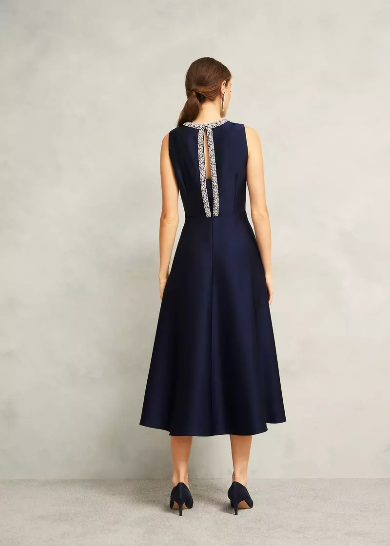 Keira Trimmed Satin Midi Dress, Midnight, hi-res