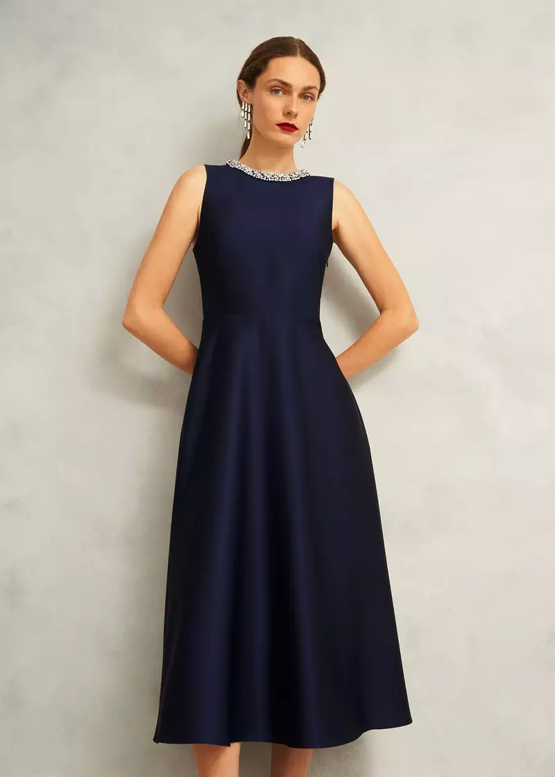 Keira Trimmed Satin Midi Dress, Midnight, hi-res