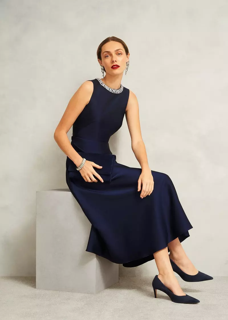 Keira Trimmed Satin Midi Dress, Midnight, hi-res
