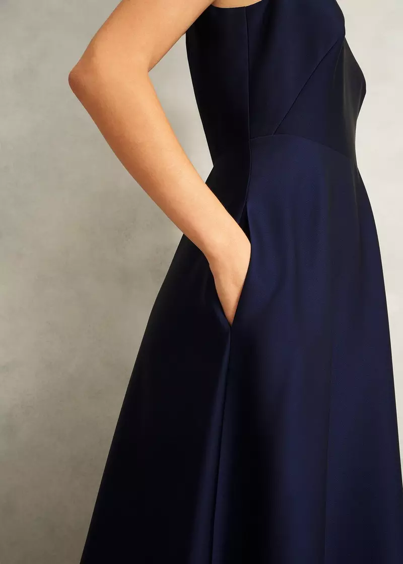 Keira Trimmed Satin Midi Dress, Midnight, hi-res
