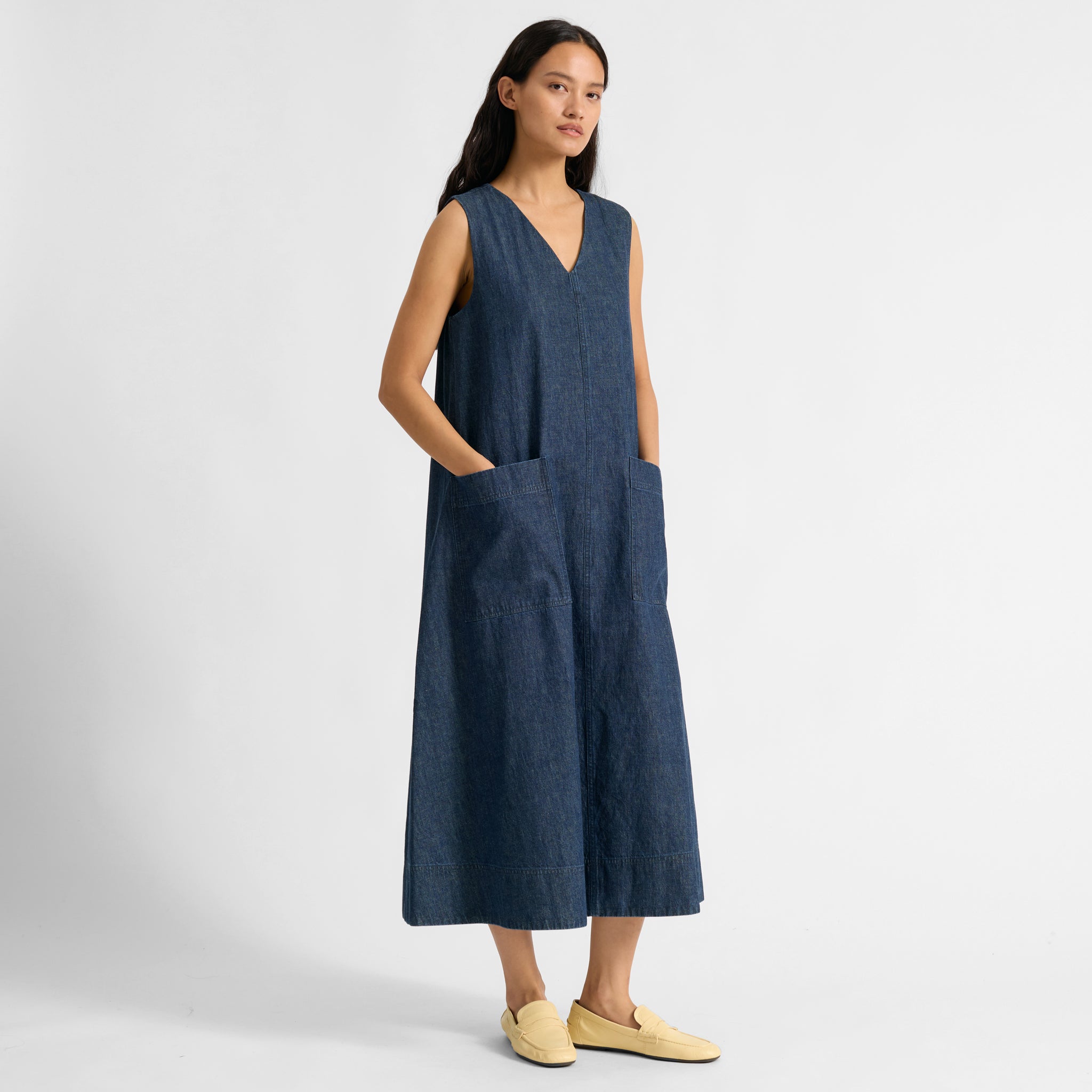 V Neck A Line Denim Dress - Image 6