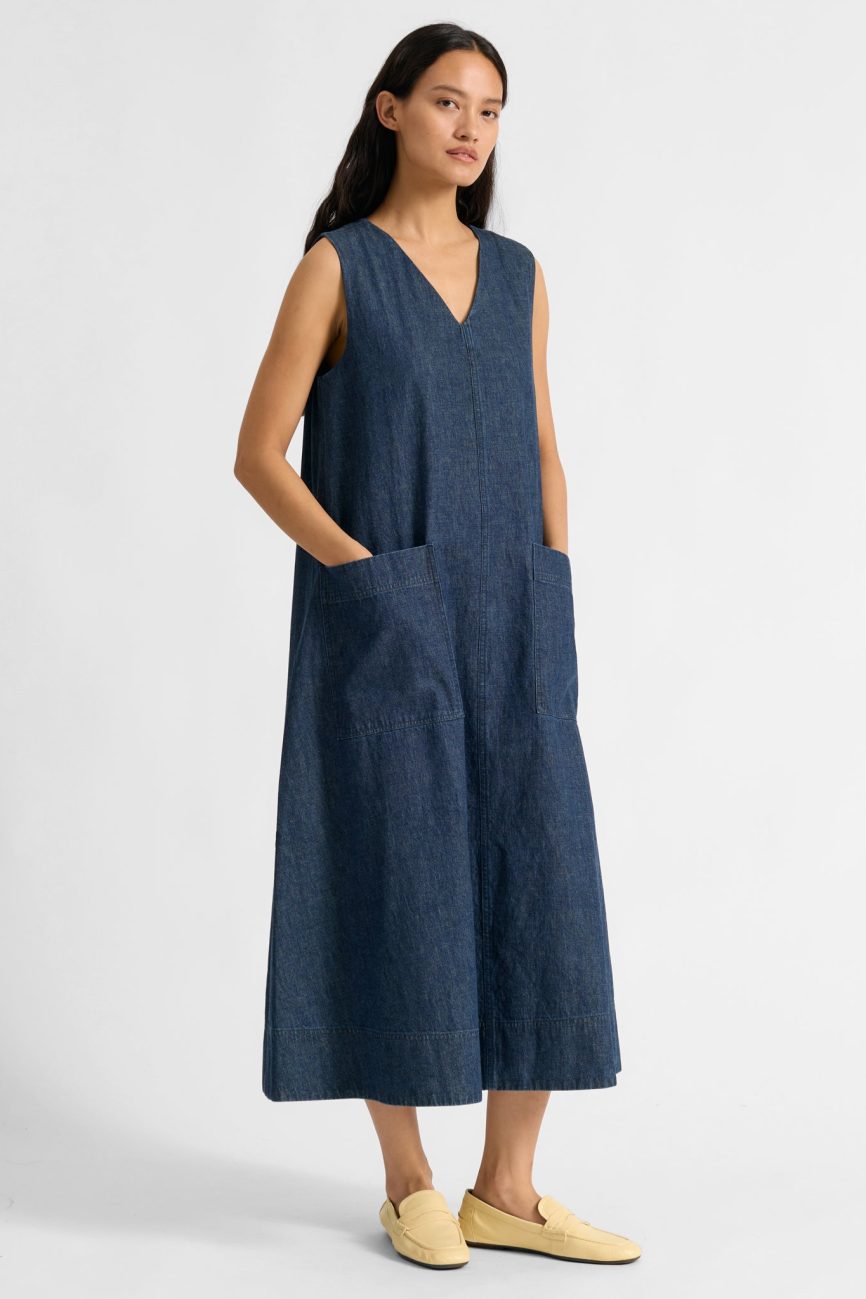 V Neck A Line Denim Dress