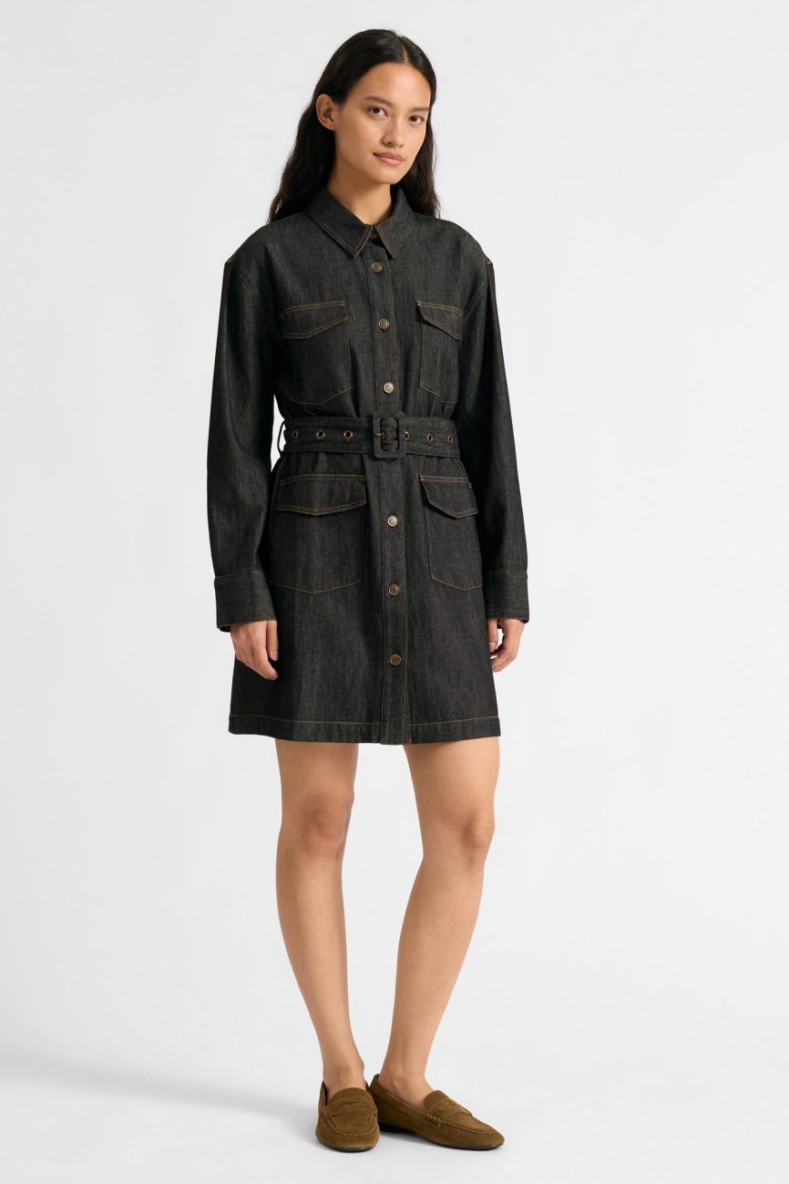 Black Belted Denim Short Dress