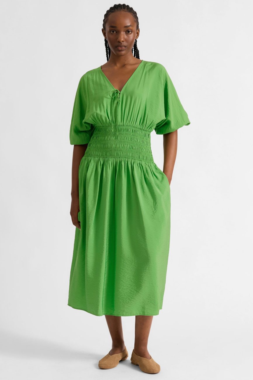 Green Shirred Waist Dress