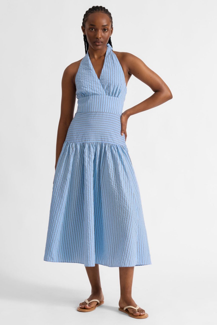 Blue Stripe Halter Neck Dress